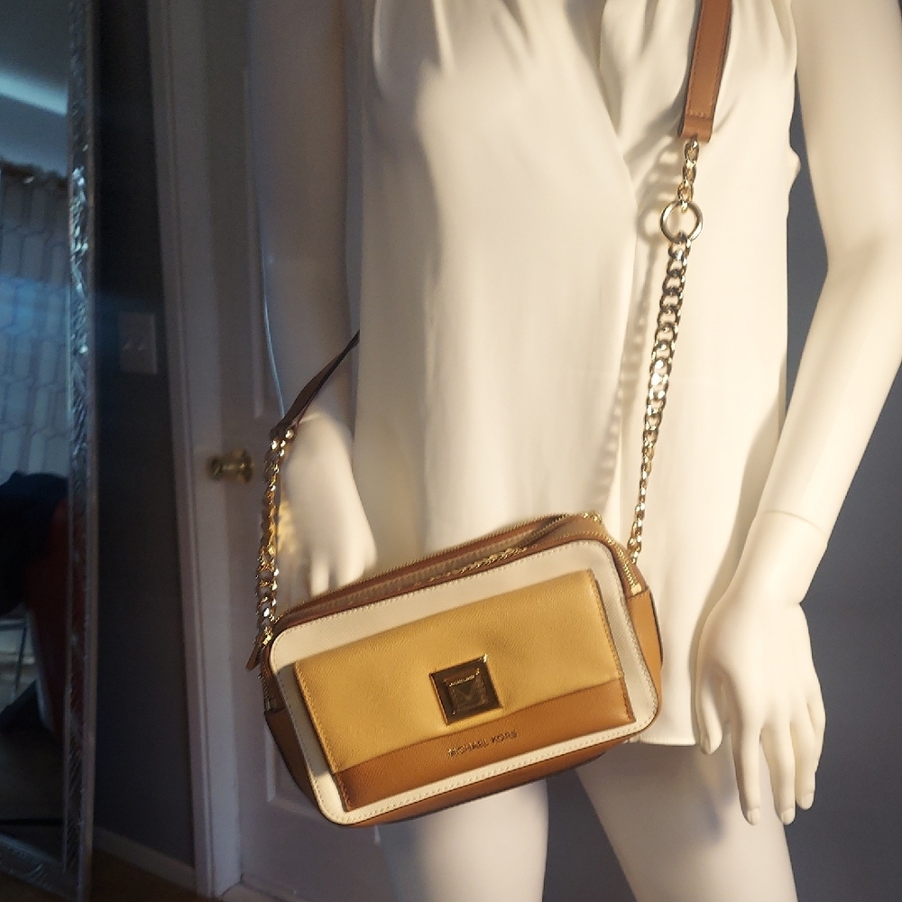 Michael Kors Tan and White Crossbody Bag with Color Block Design